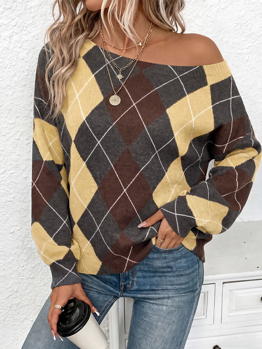 Off Shoulder Sweater Long Sleeve Pullover - Brown and Yellow - photo 5