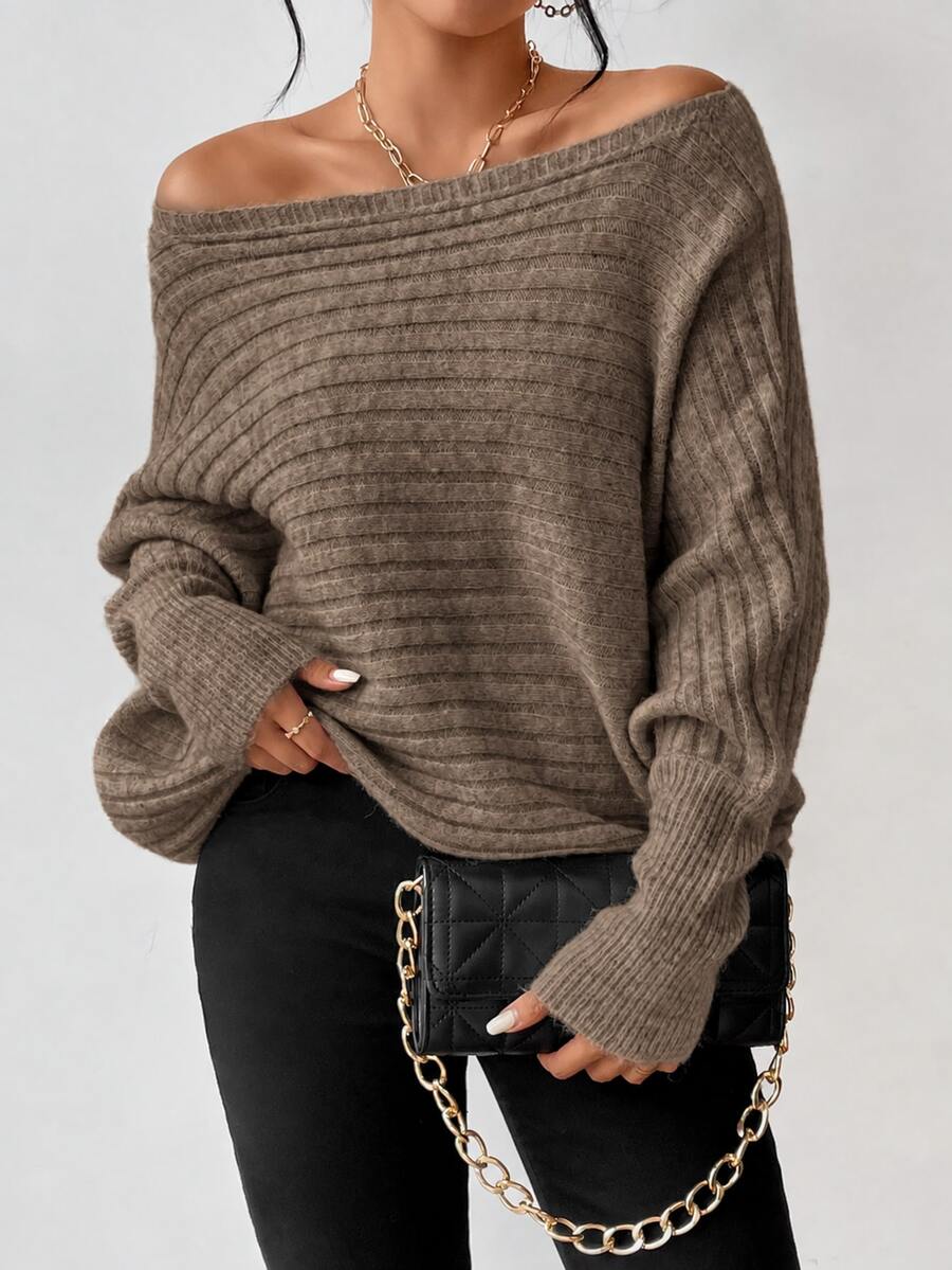 Boat Neck Batwing Sleeve Sweater - Taupe - photo 5