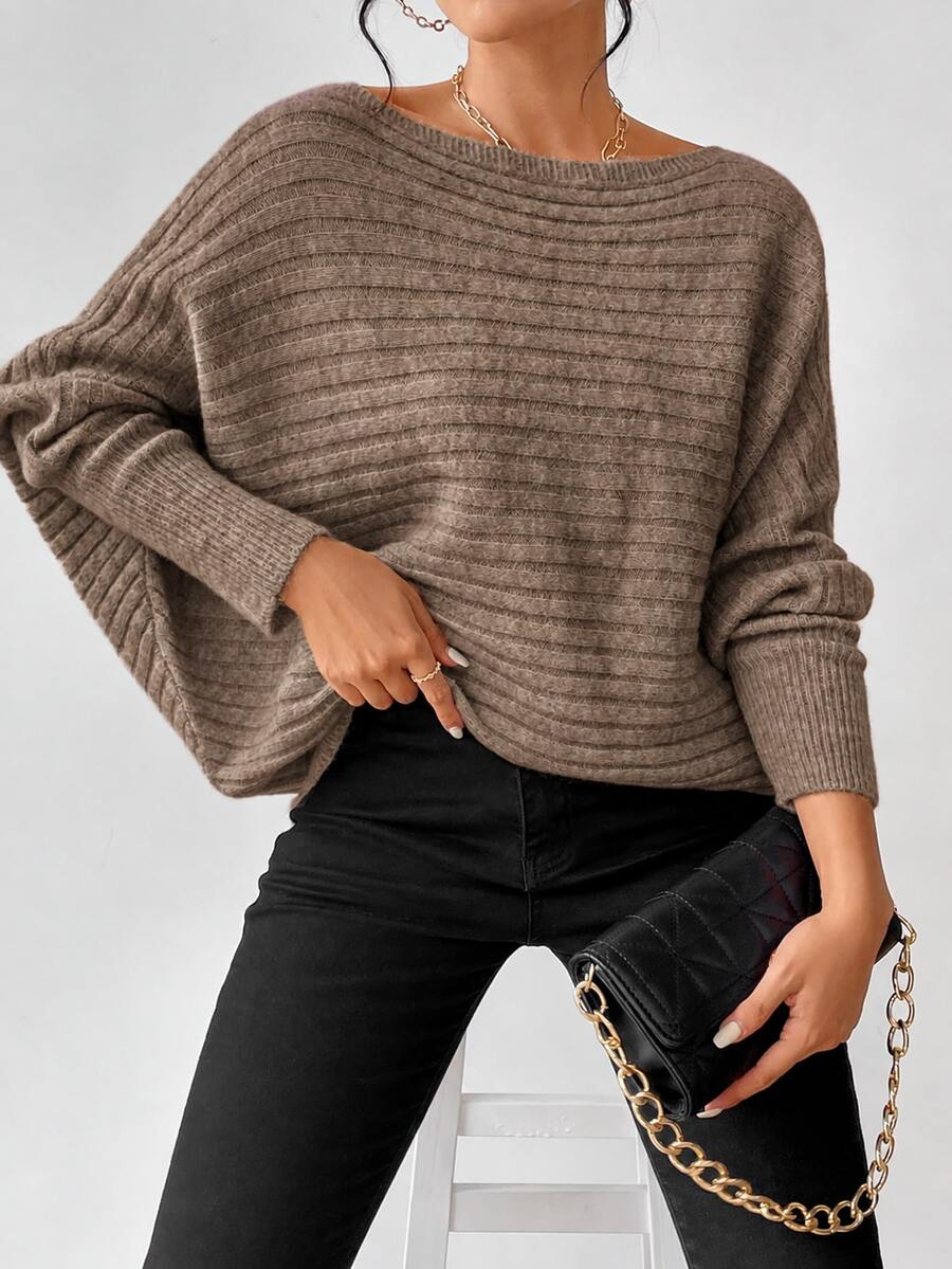 Boat Neck Batwing Sleeve Sweater - Taupe - photo 7