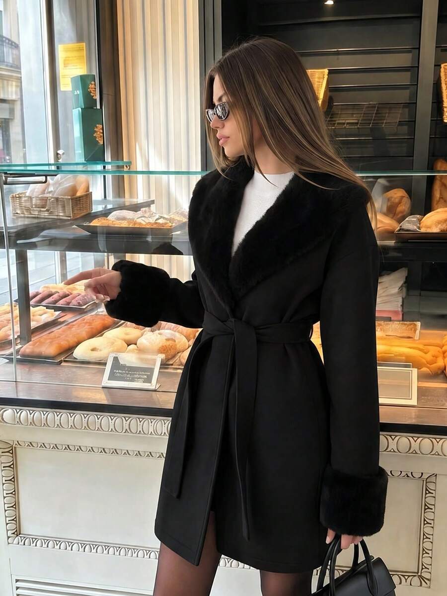 Women's Faux Fur Trim Belted Coat Long Sleeve Open Front Winter Jacket - Black - photo 4