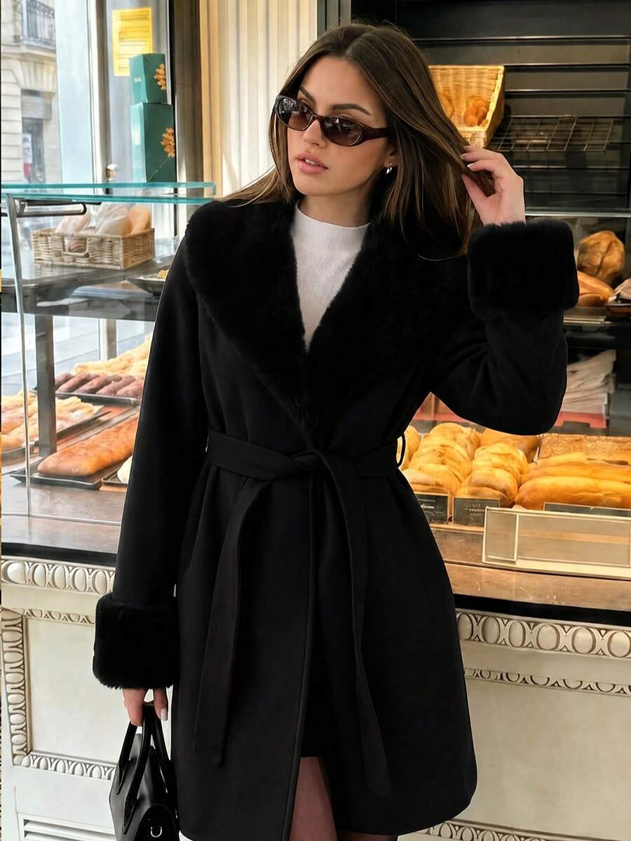 Women's Faux Fur Trim Belted Coat Long Sleeve Open Front Winter Jacket - Black - photo 5