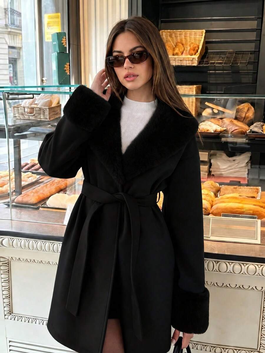 Women's Faux Fur Trim Belted Coat Long Sleeve Open Front Winter Jacket - Black - photo 3