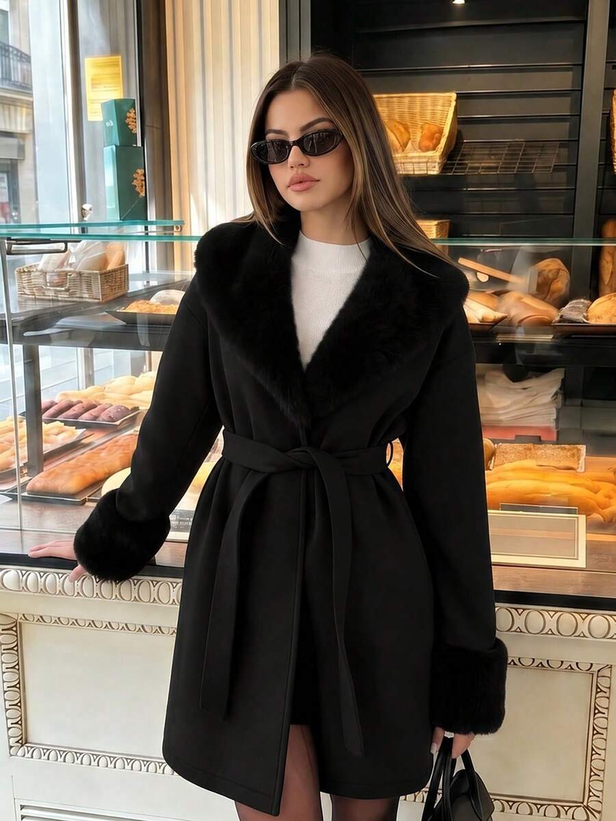 Women's Faux Fur Trim Belted Coat Long Sleeve Open Front Winter Jacket - Black - photo 11