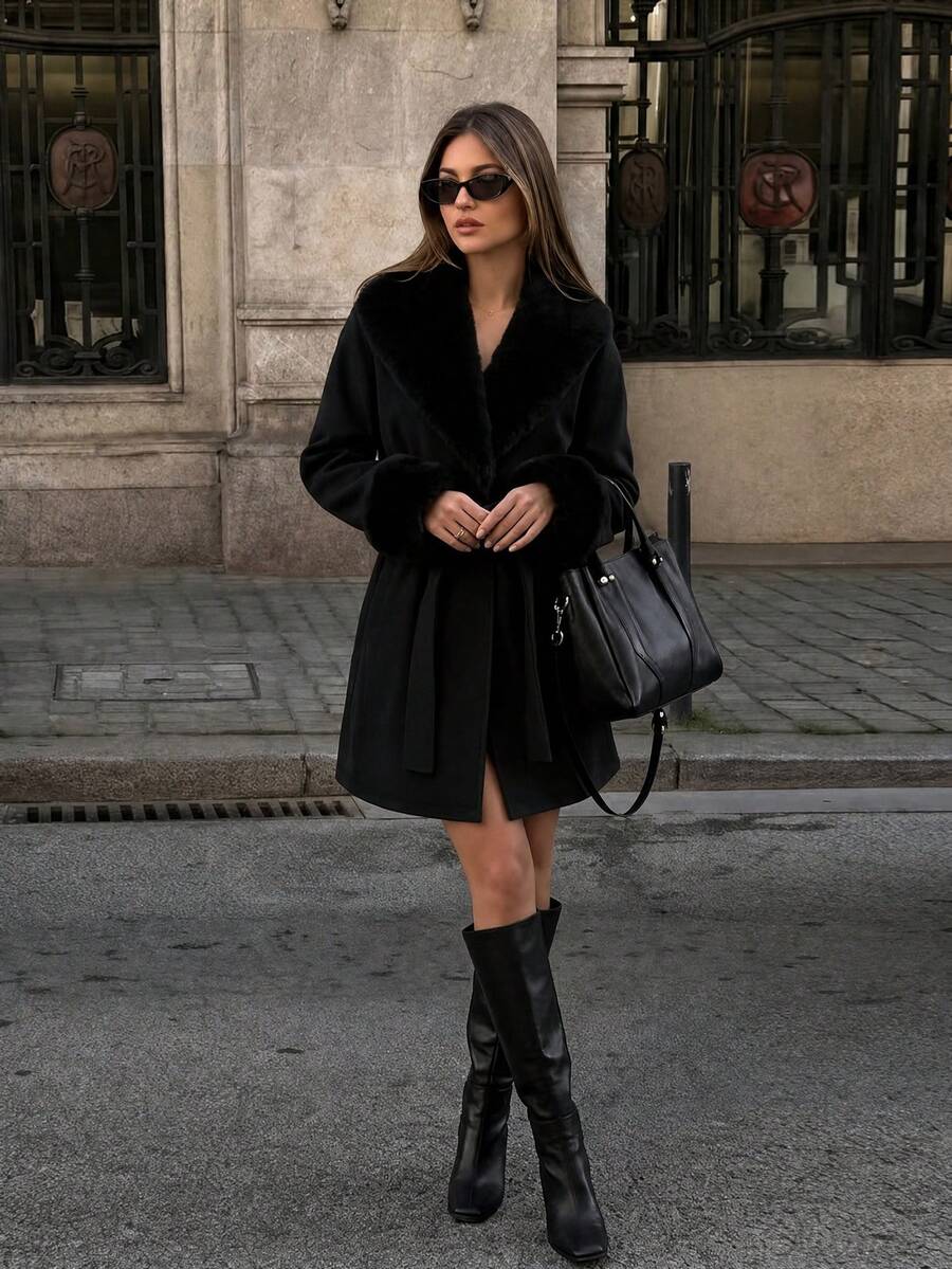 Women's Faux Fur Trim Belted Coat Long Sleeve Open Front Winter Jacket - Black - photo 10