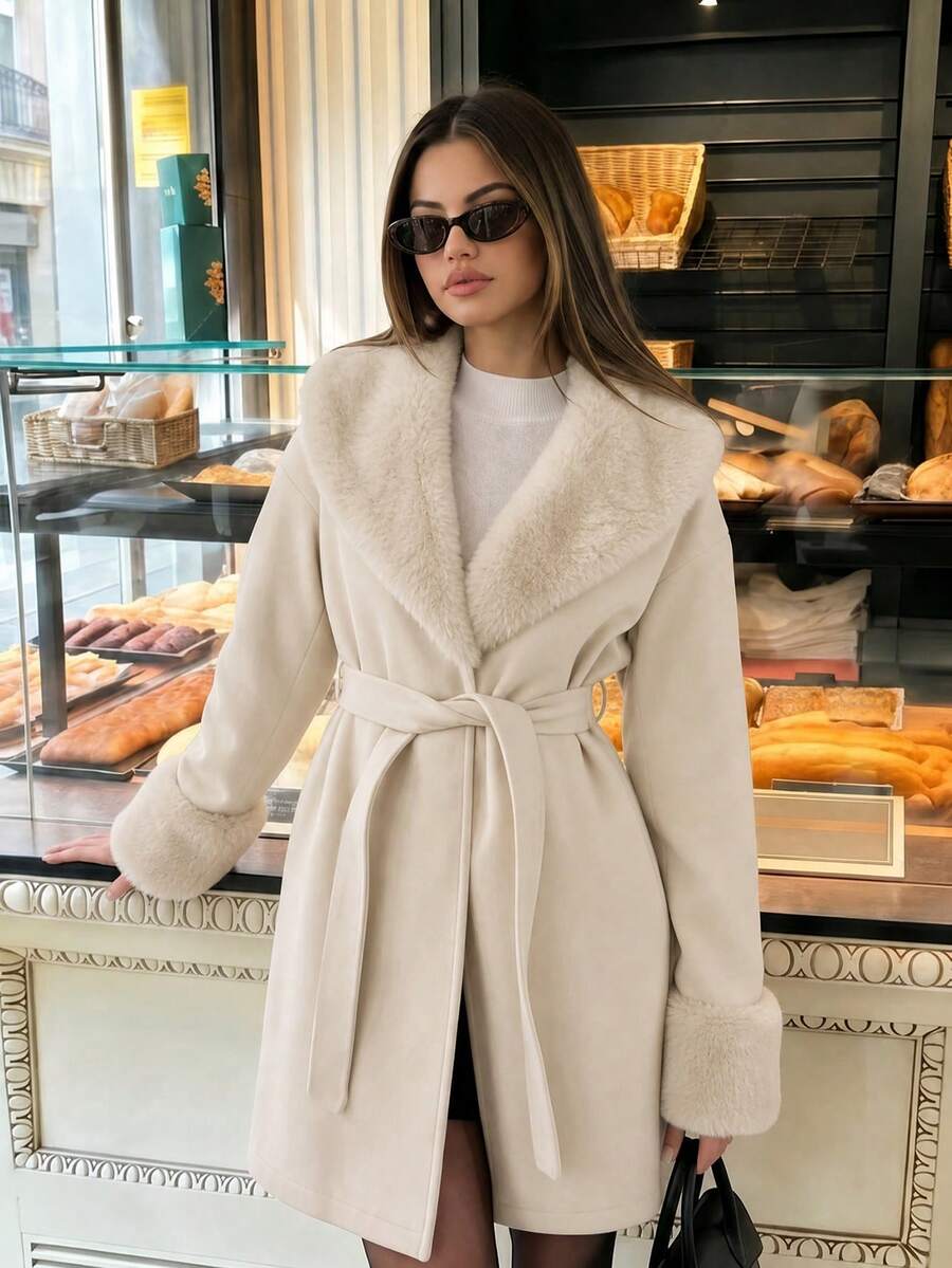 Women's Faux Fur Trim Belted Coat Long Sleeve Open Front Winter Jacket - Beige - photo 5