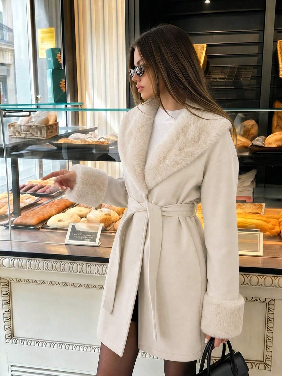 Women's Faux Fur Trim Belted Coat Long Sleeve Open Front Winter Jacket - Beige - photo 4