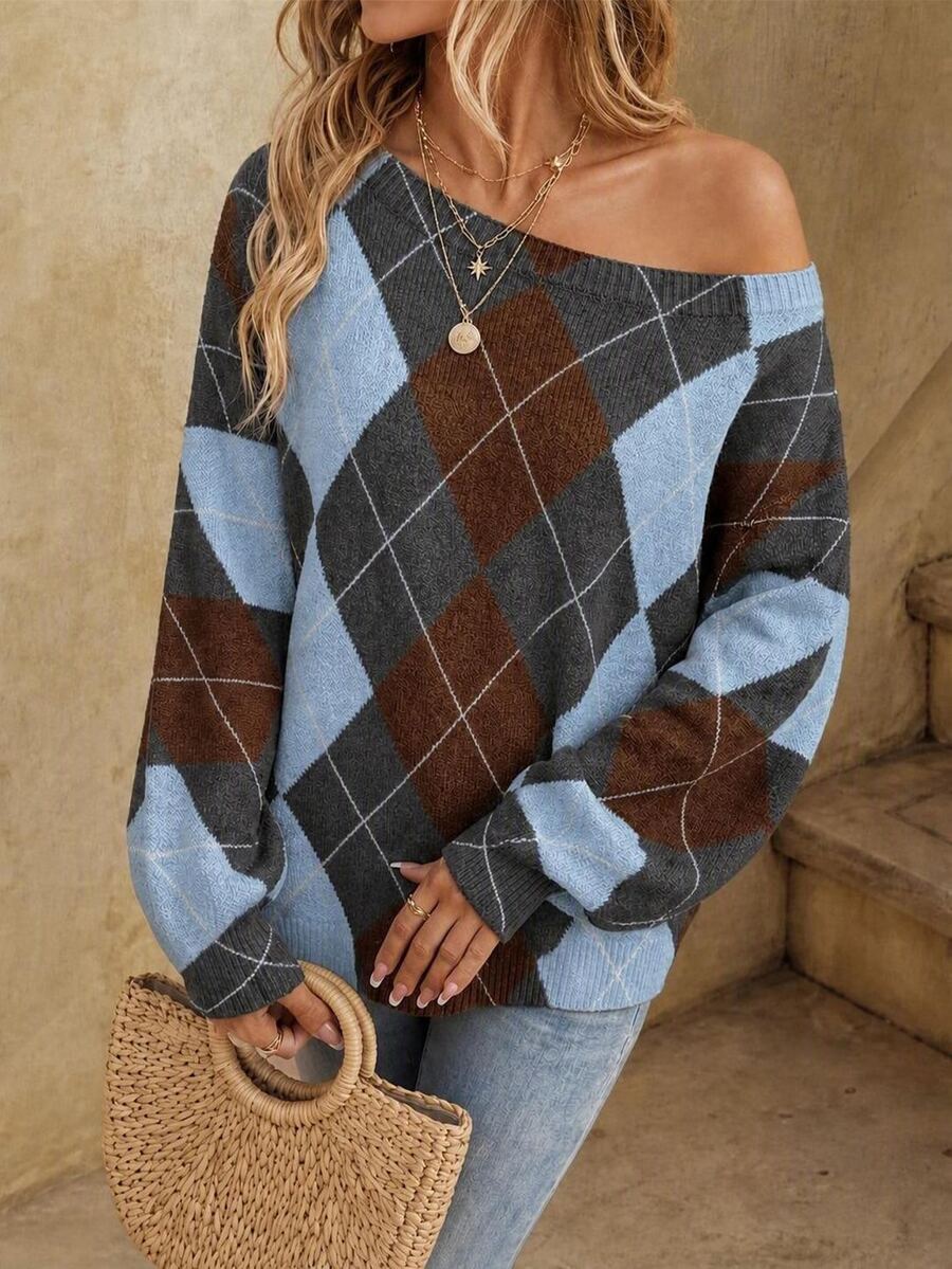Off Shoulder Sweater Long Sleeve Pullover - Brown and Light Blue - photo 3