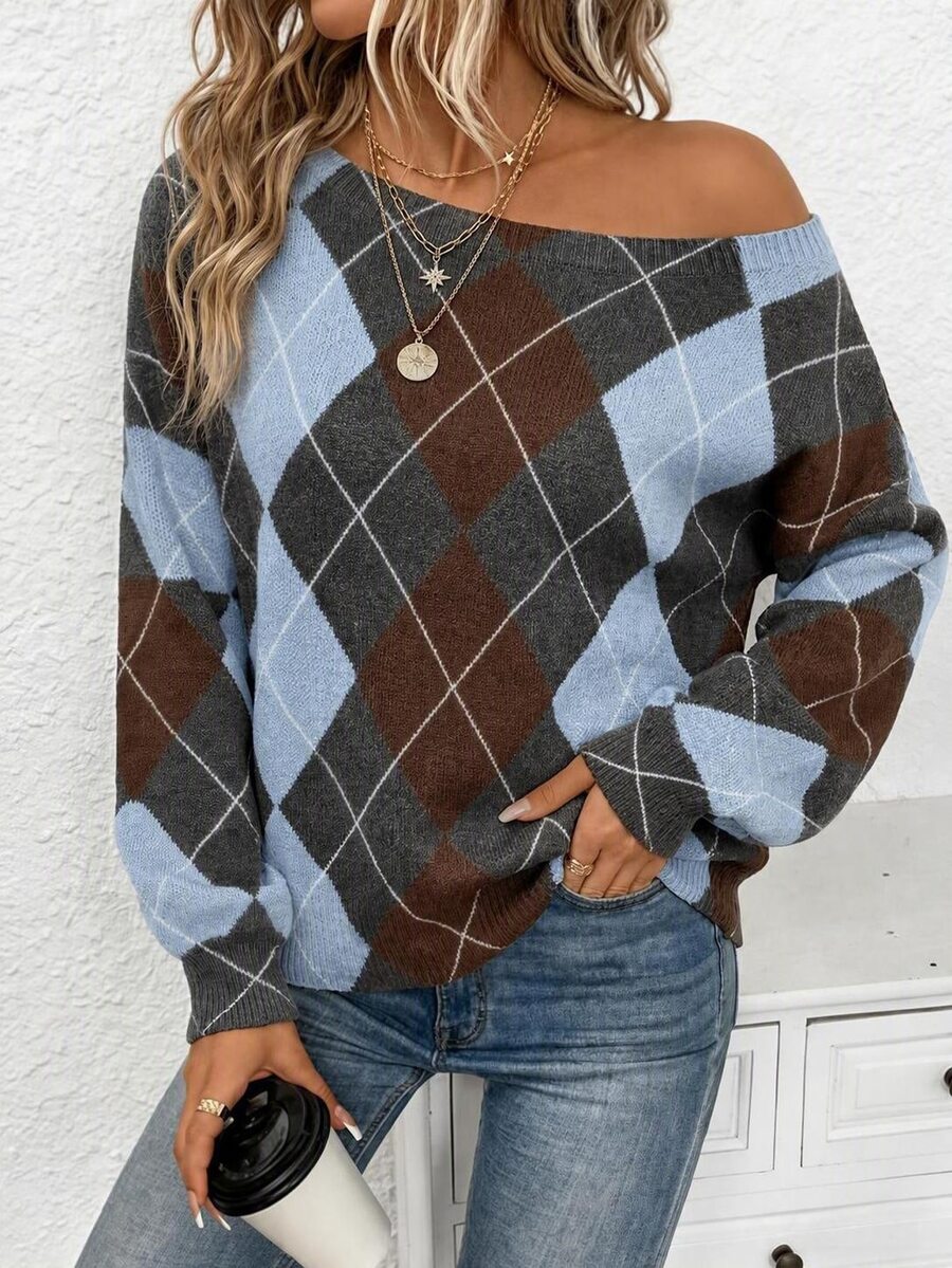 Off Shoulder Sweater Long Sleeve Pullover - Brown and Light Blue - photo 4