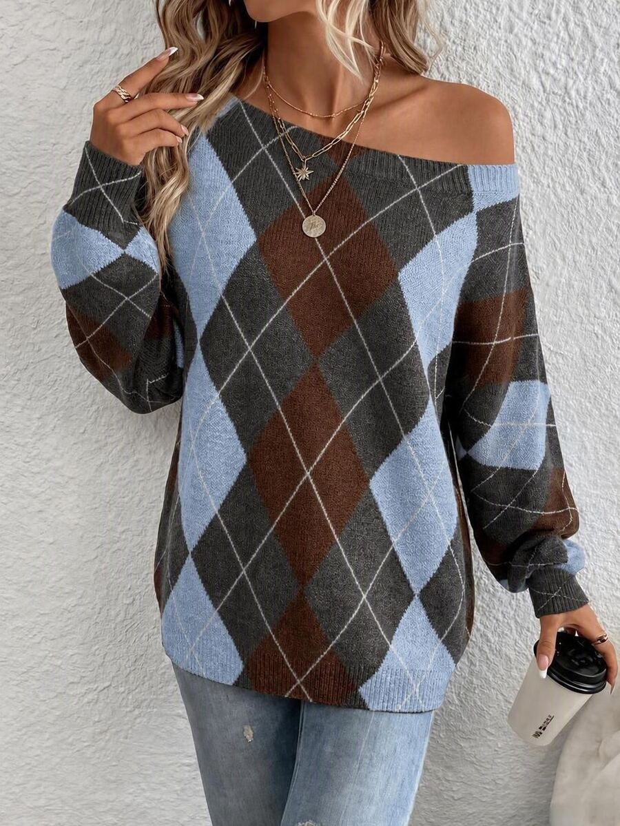 Off Shoulder Sweater Long Sleeve Pullover - Brown and Light Blue - photo 5