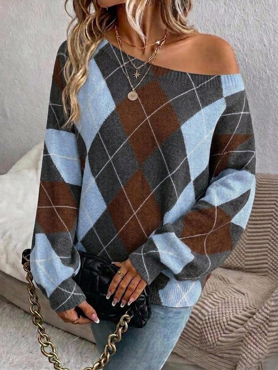 Off Shoulder Sweater Long Sleeve Pullover - Brown and Light Blue