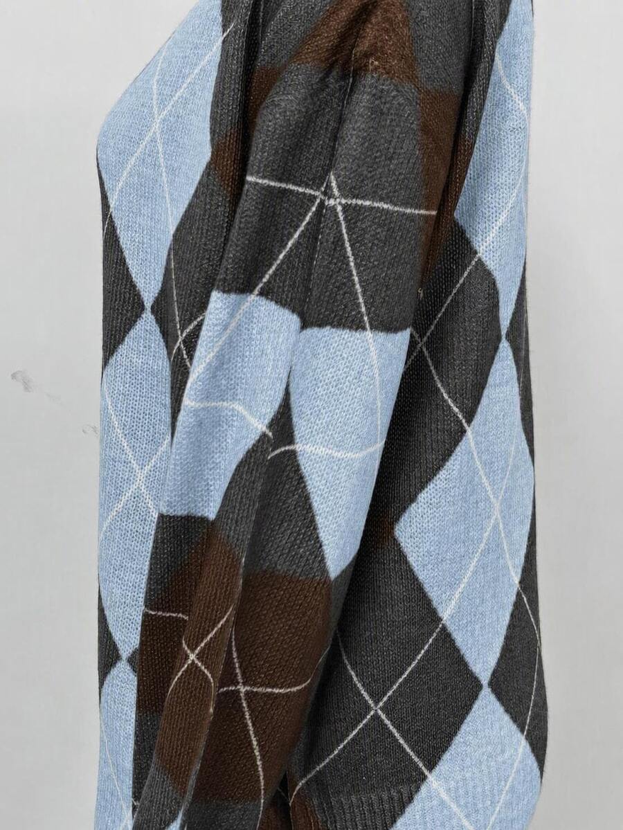 Off Shoulder Sweater Long Sleeve Pullover - Brown and Light Blue - photo 6