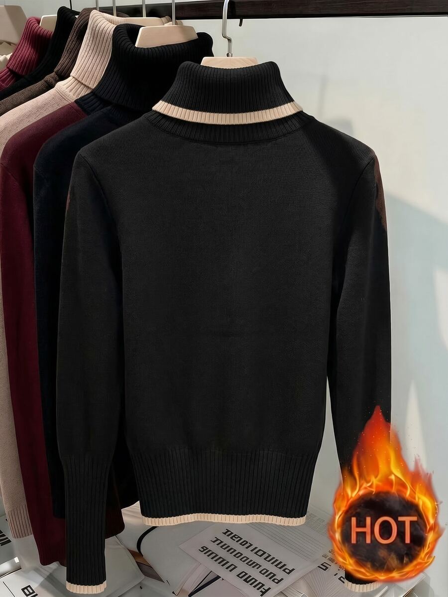 Women's Turtleneck Sweater Long Sleeve Rib Knit Slim Fit - Black and Beige - photo 2