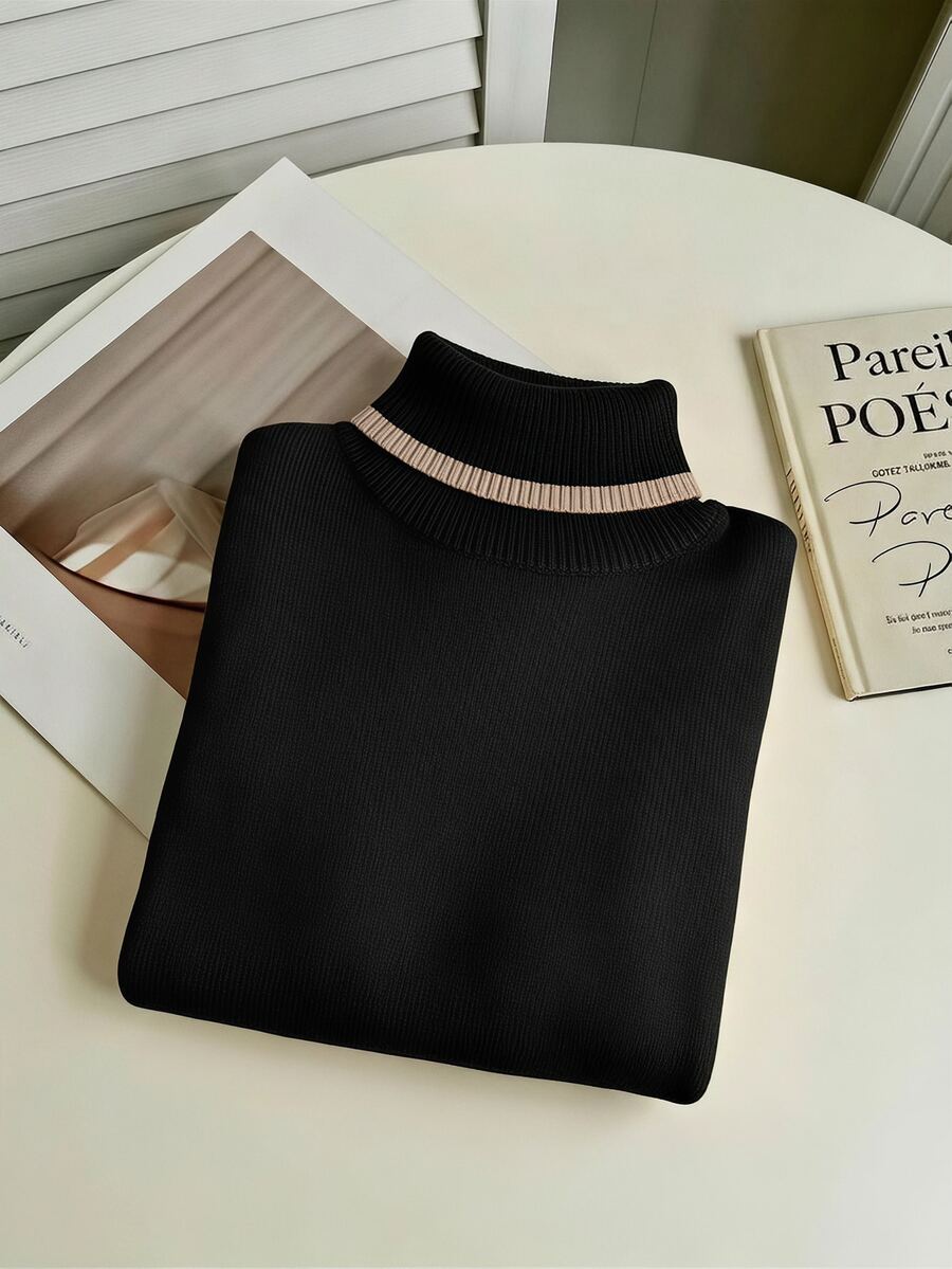 Women's Turtleneck Sweater Long Sleeve Rib Knit Slim Fit - Black and Beige - photo 4