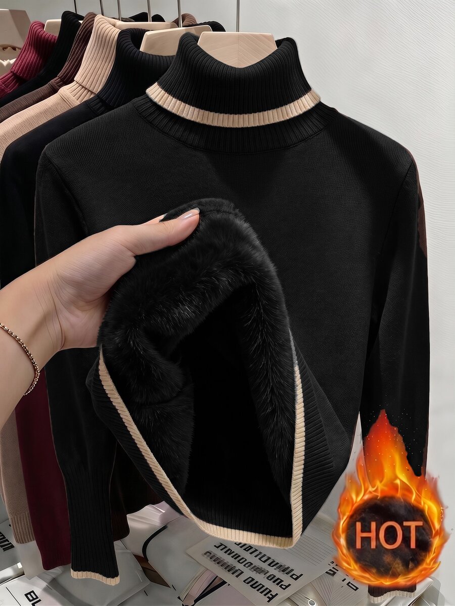 Women's Turtleneck Sweater Long Sleeve Rib Knit Slim Fit - Black and Beige