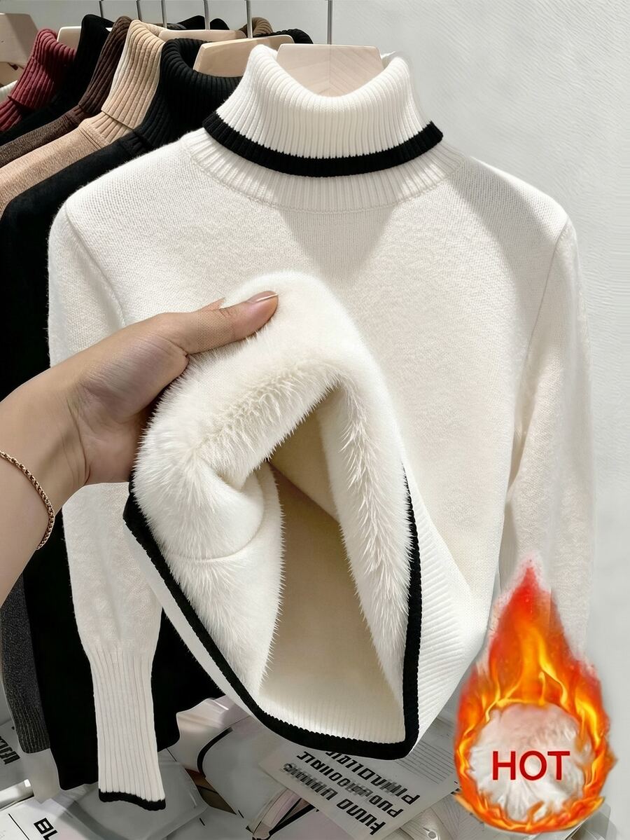 Women's Turtleneck Sweater Long Sleeve Rib Knit Slim Fit - White and Black