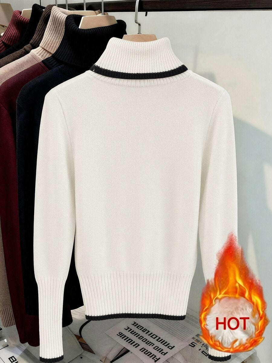 Women's Turtleneck Sweater Long Sleeve Rib Knit Slim Fit - White and Black - photo 2