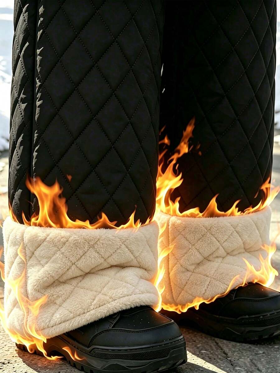 Women's Quilted Lined Pants Elastic Waist Straight Leg - Black - photo 4