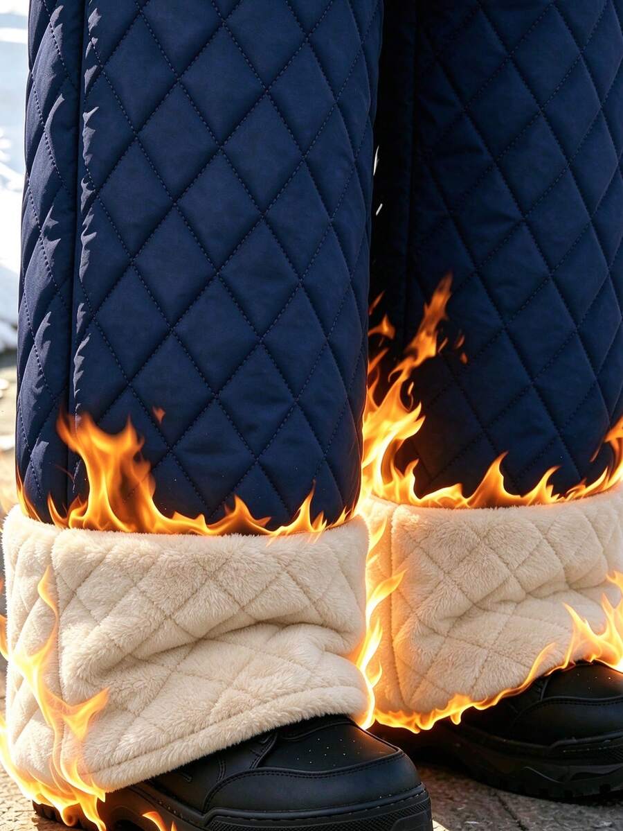 Women's Quilted Lined Pants Elastic Waist Straight Leg - Navy - photo 2