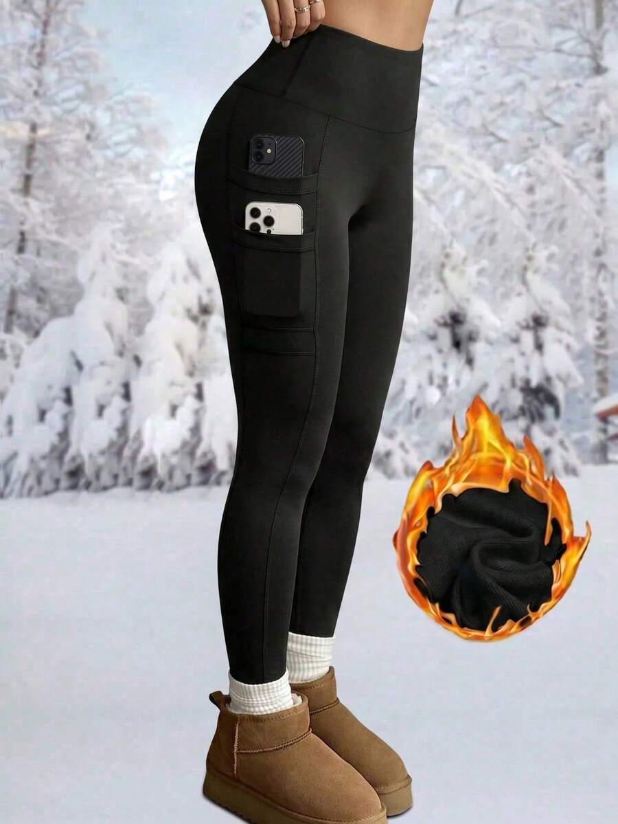 High Waist Fleece Lined Leggings With Pockets - Black