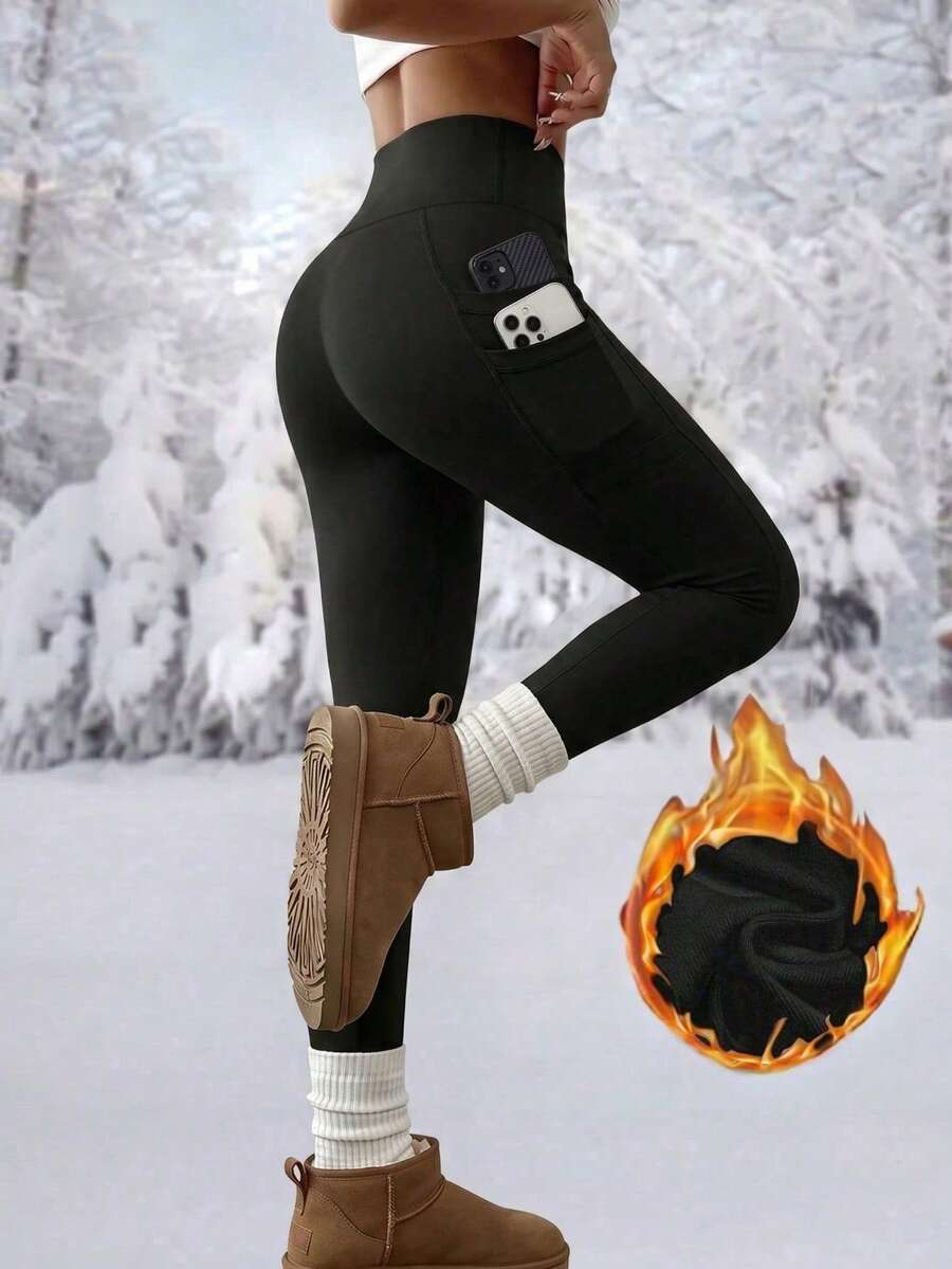 High Waist Fleece Lined Leggings With Pockets - Black - photo 4