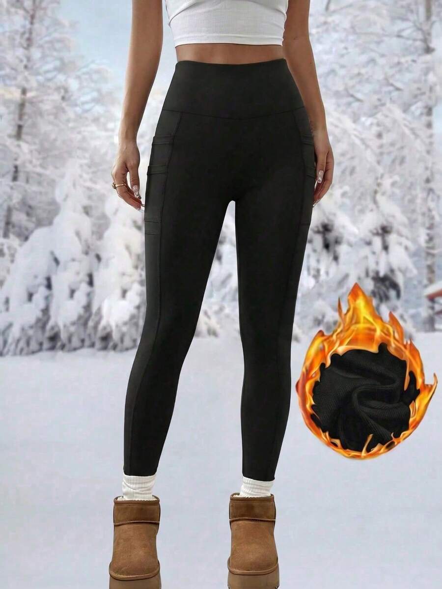 High Waist Fleece Lined Leggings With Pockets - Black - photo 2