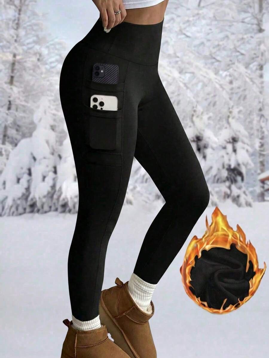 High Waist Fleece Lined Leggings With Pockets - Black - photo 3