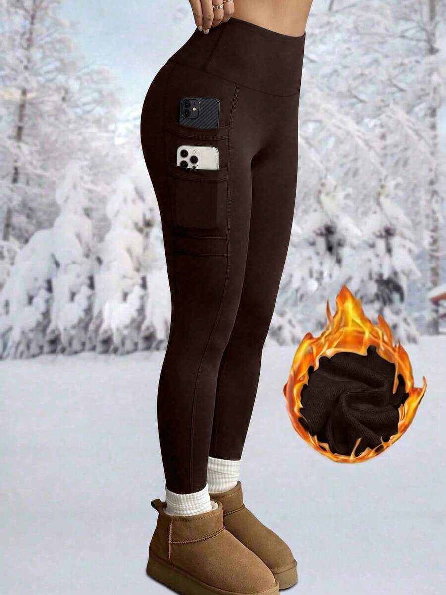 High Waist Fleece Lined Leggings With Pockets - Brown