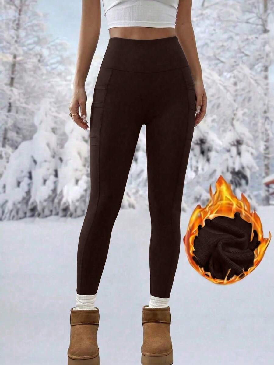 High Waist Fleece Lined Leggings With Pockets - Brown - photo 2