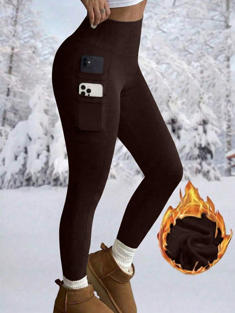 High Waist Fleece Lined Leggings With Pockets - Brown - photo 3