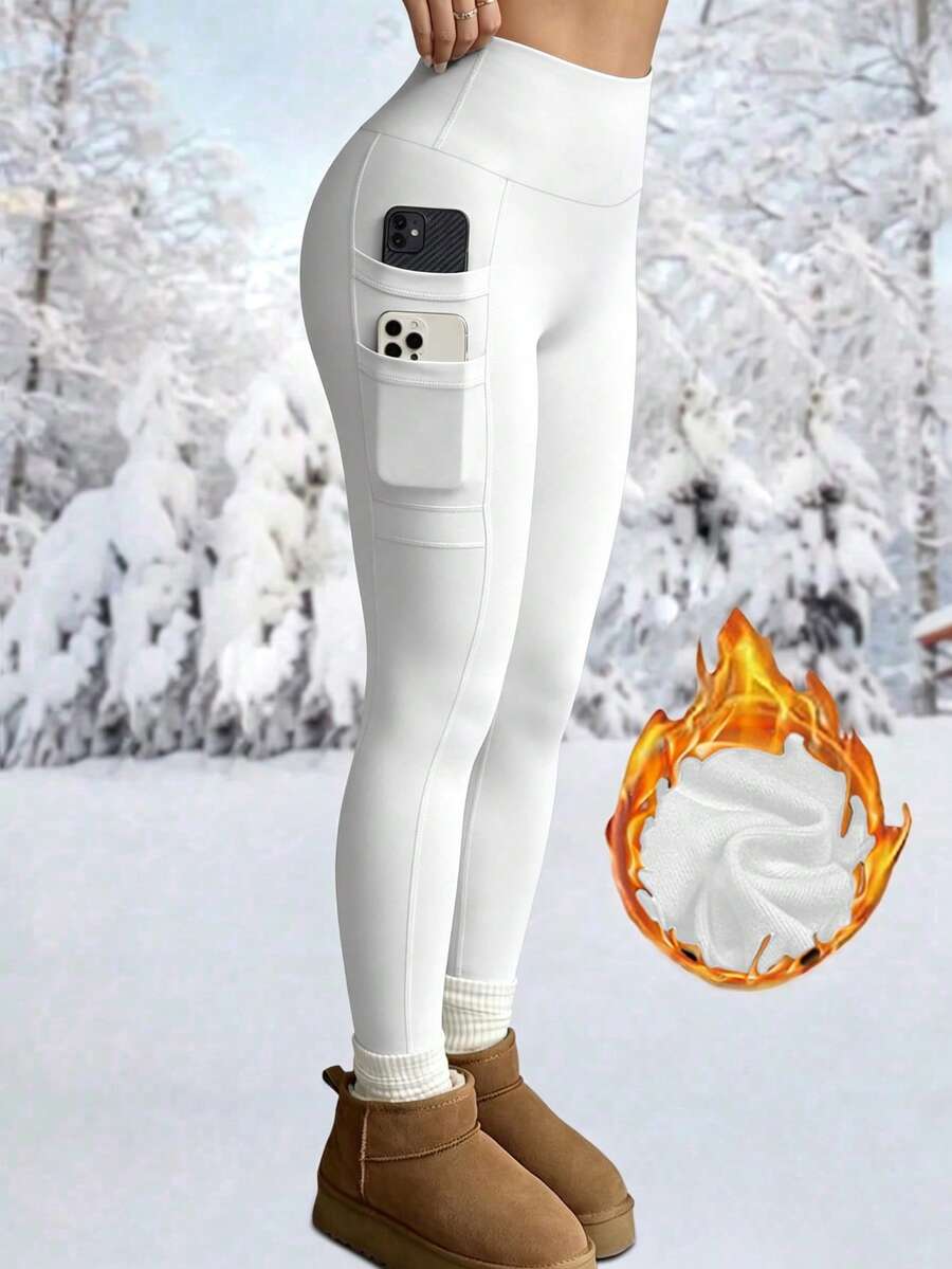 High Waist Fleece Lined Leggings With Pockets - White