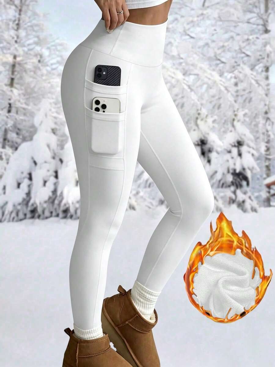 High Waist Fleece Lined Leggings With Pockets - White - photo 3