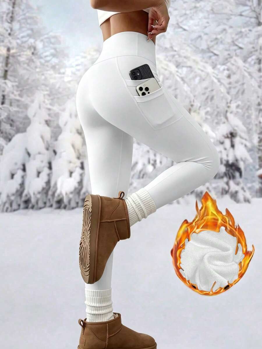 High Waist Fleece Lined Leggings With Pockets - White - photo 4