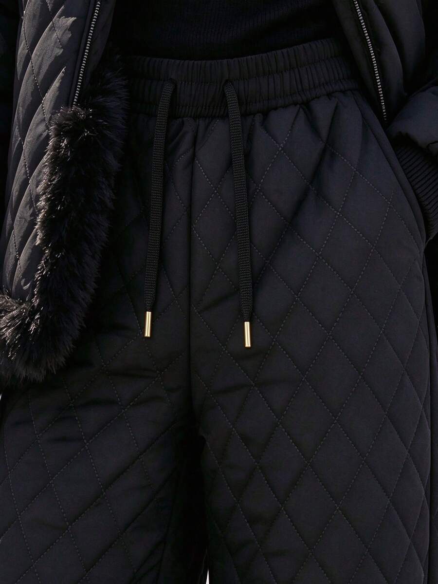 Women's Quilted Lined Pants Elastic Waist Straight Leg - Black - photo 3