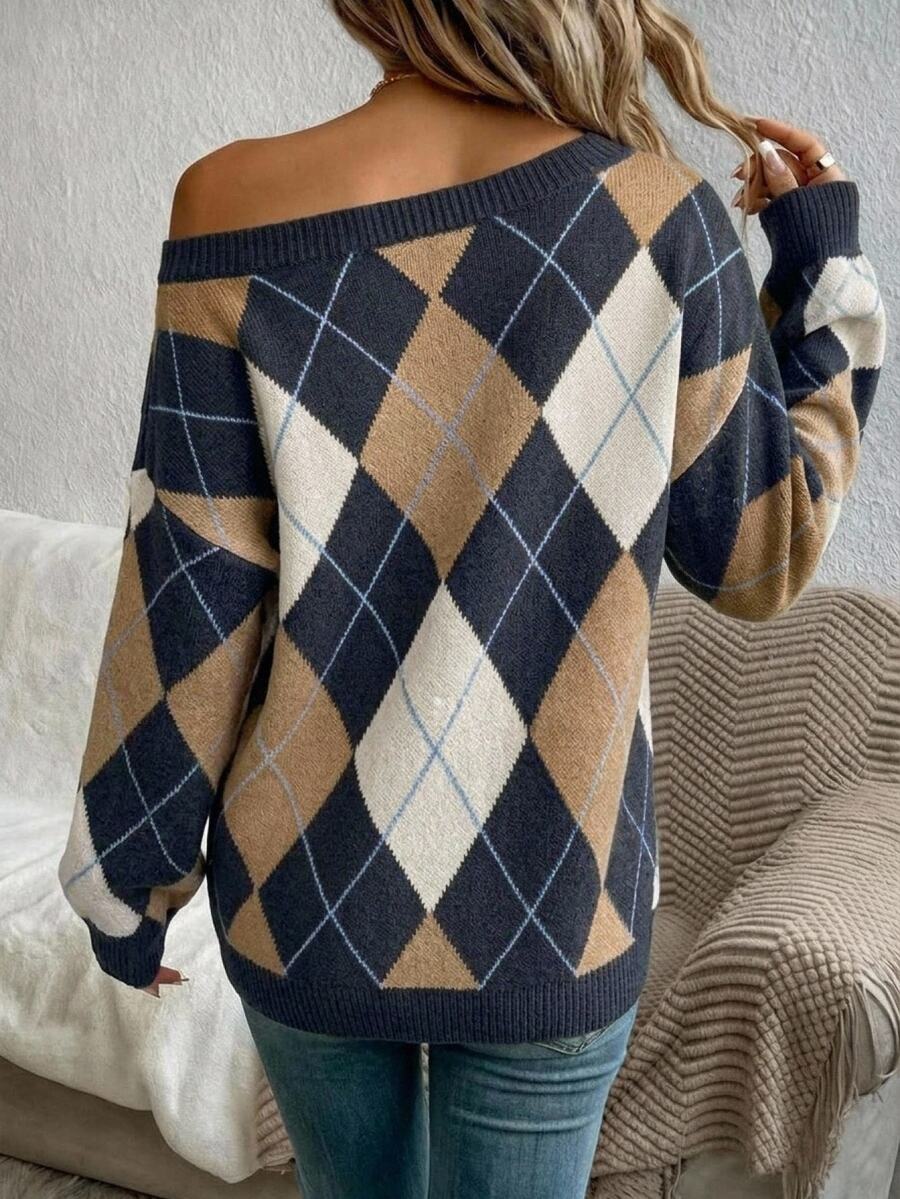 Off Shoulder Sweater Long Sleeve Pullover - Navy and Tan - photo 4
