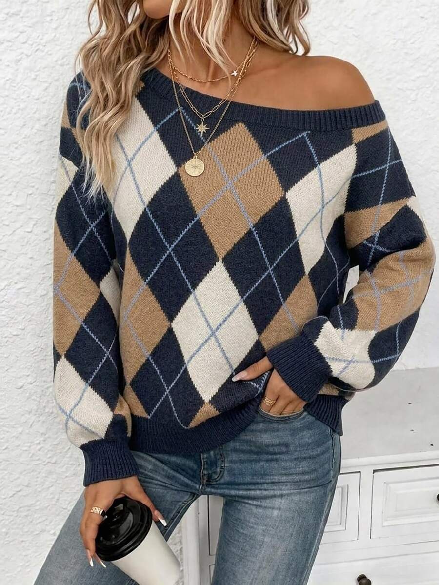 Off Shoulder Sweater Long Sleeve Pullover - Navy and Tan - photo 2