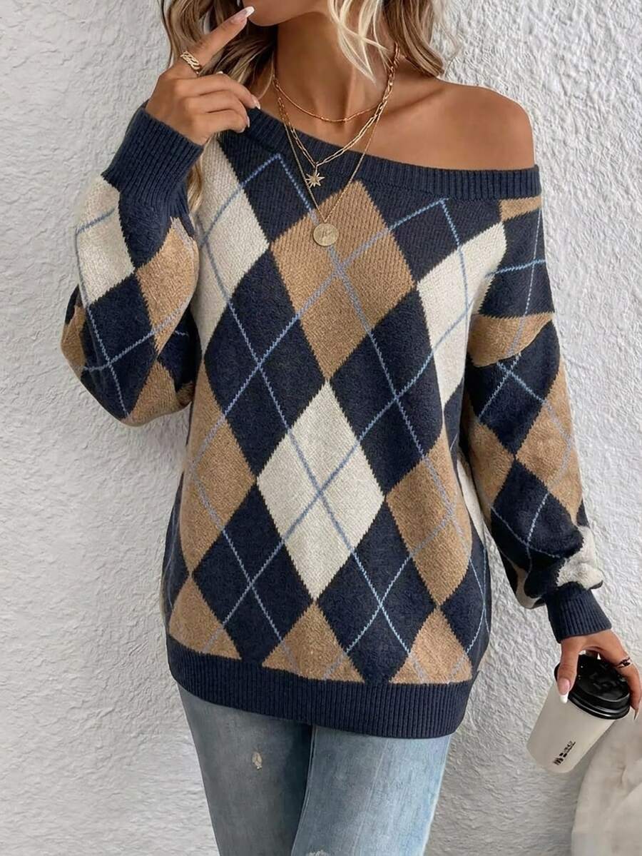 Off Shoulder Sweater Long Sleeve Pullover - Navy and Tan - photo 3