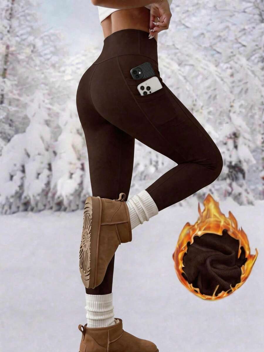 High Waist Fleece Lined Leggings With Pockets - Brown - photo 4