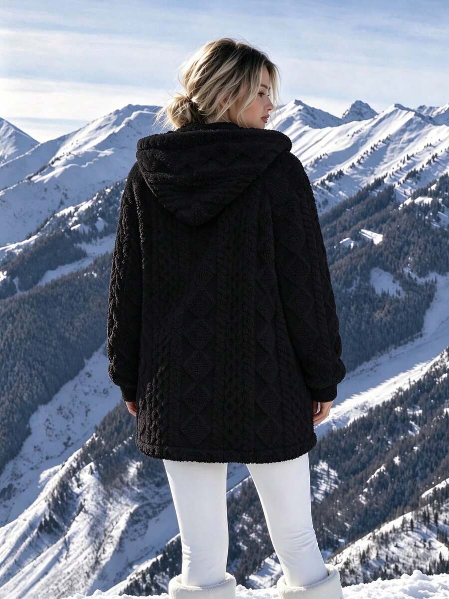 Women's Oversized Hooded Fuzzy Fleece Jacket with Pockets - Black - photo 4