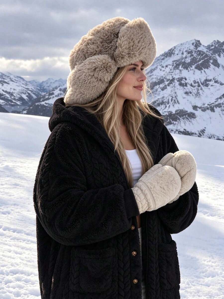 Women's Oversized Hooded Fuzzy Fleece Jacket with Pockets - Black - photo 6