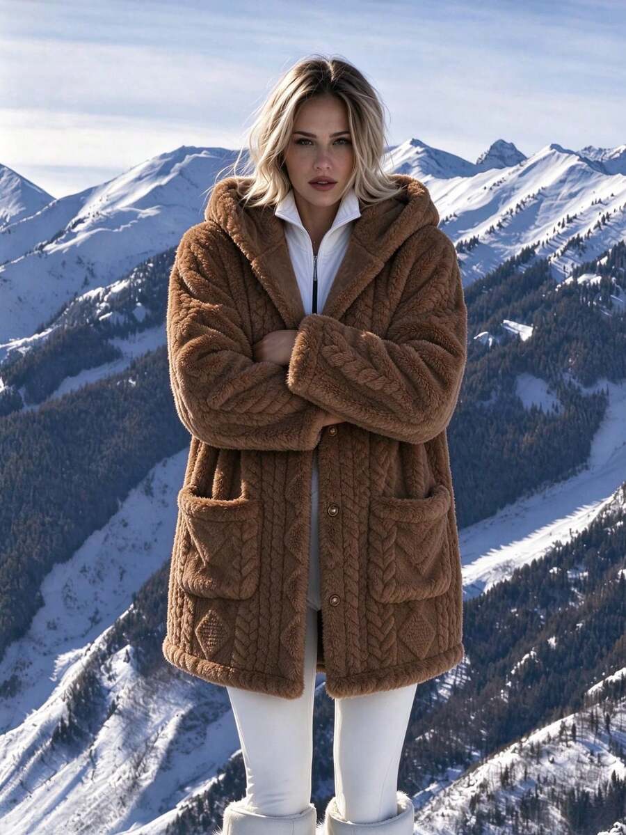Women's Oversized Hooded Fuzzy Fleece Jacket with Pockets - Brown - photo 7
