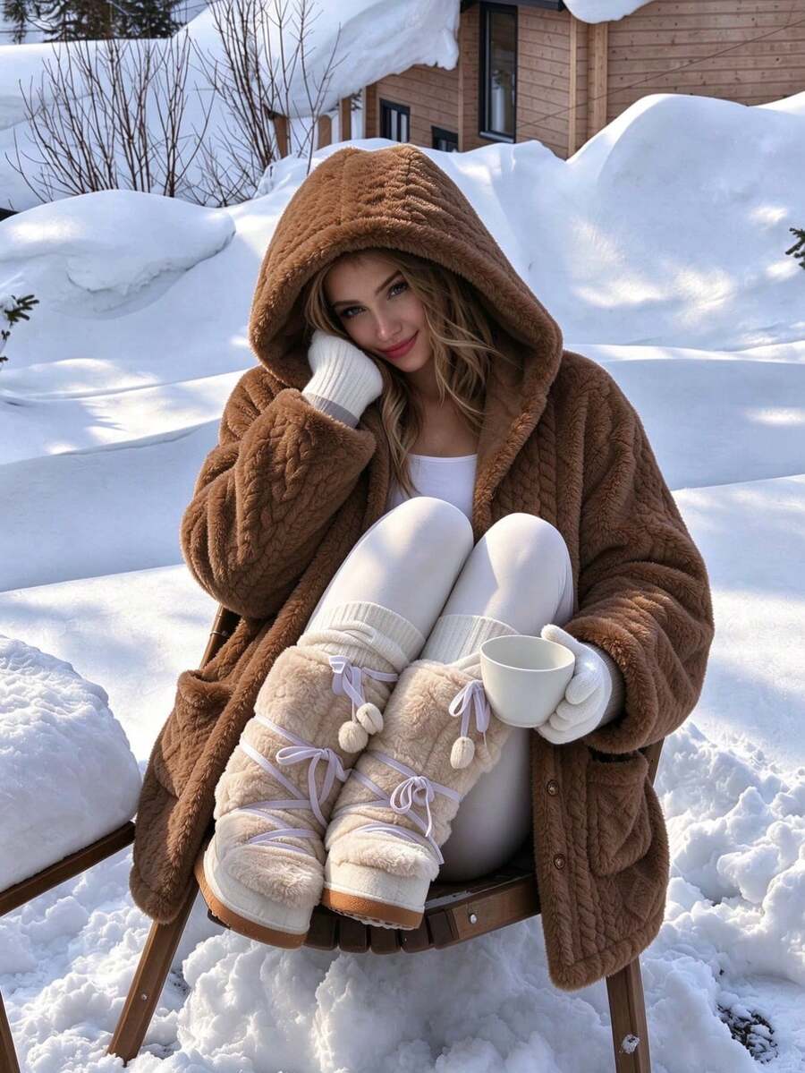Oversized Hooded Fuzzy Jacket With Pockets - Brown - photo 2