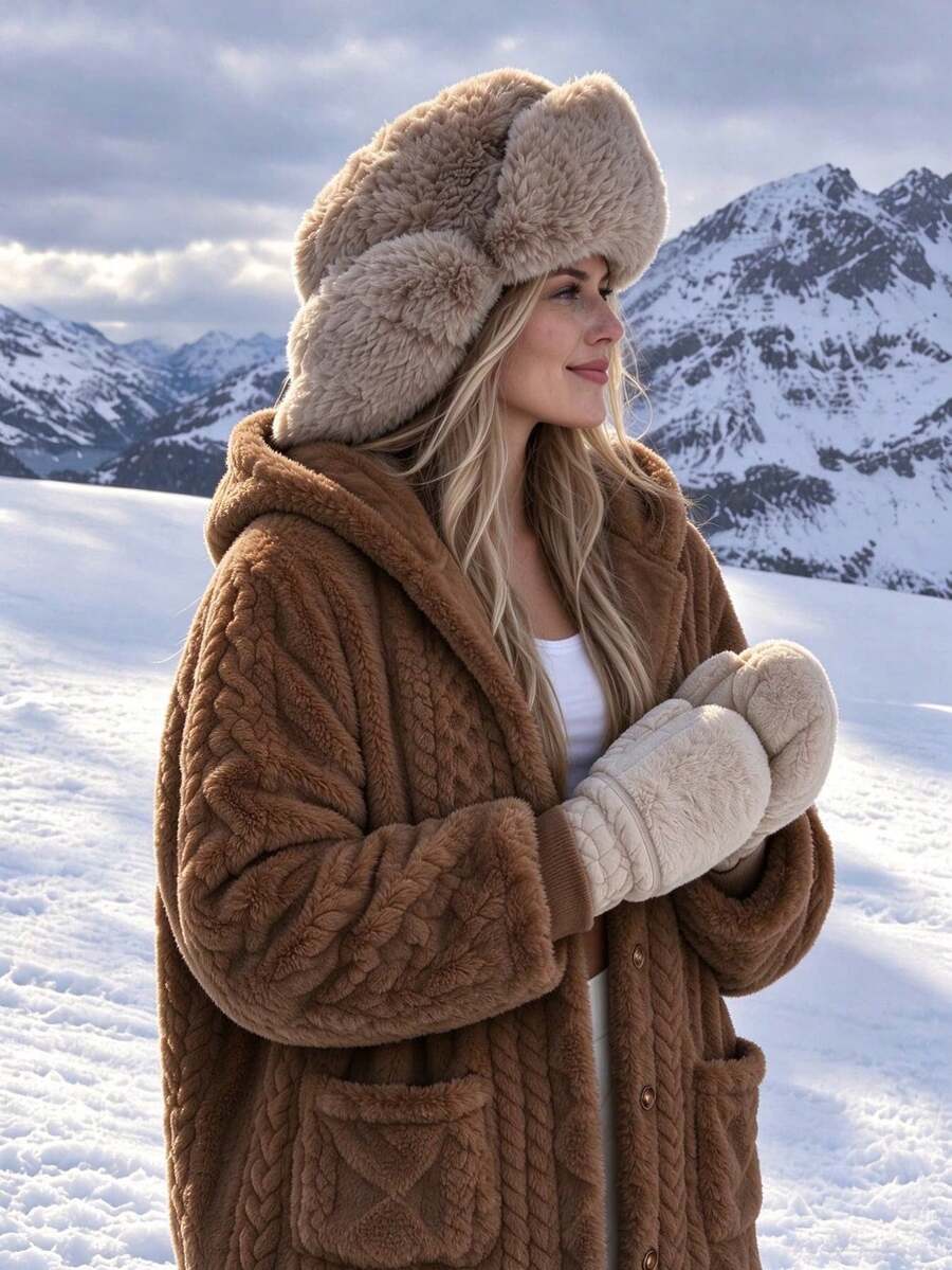 Oversized Hooded Fuzzy Jacket With Pockets - Brown - photo 5