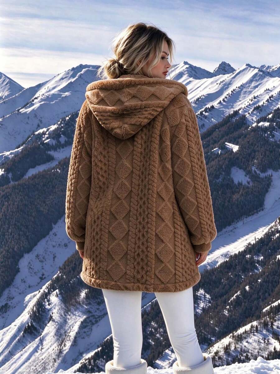 Women's Oversized Hooded Fuzzy Fleece Jacket with Pockets - Brown - photo 4