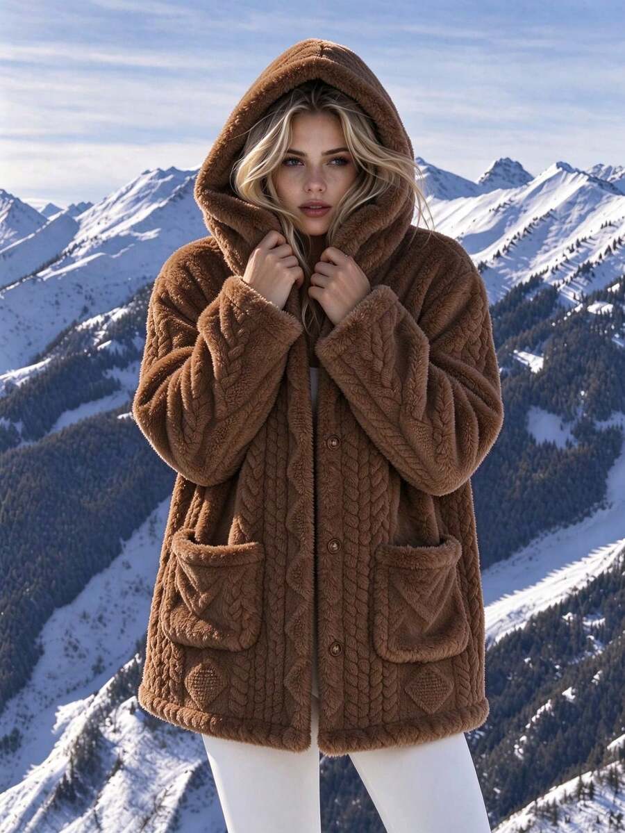 Oversized Hooded Fuzzy Jacket With Pockets - Brown - photo 3