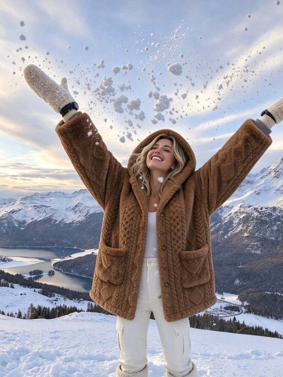 Women's Oversized Hooded Fuzzy Fleece Jacket with Pockets - Brown - photo 6