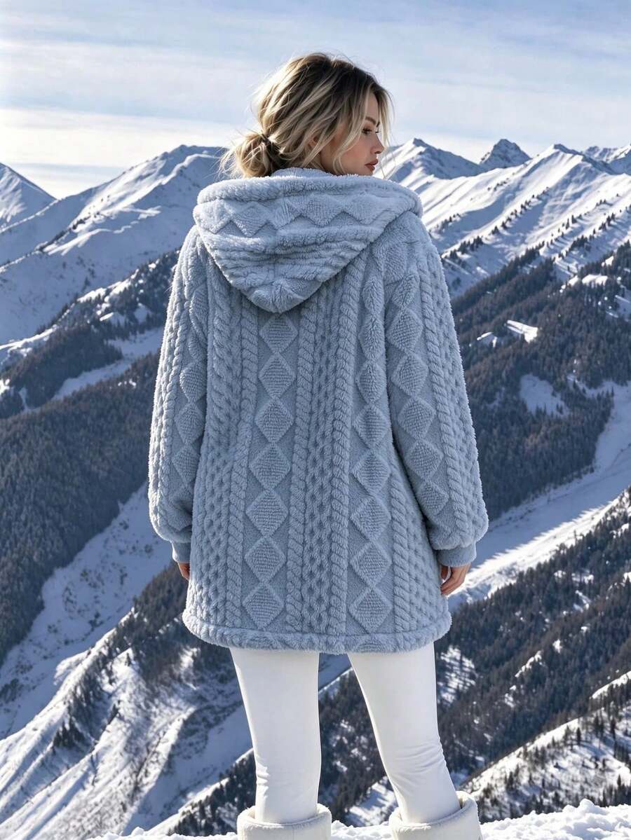 Oversized Hooded Fuzzy Jacket With Pockets - Light Blue - photo 4