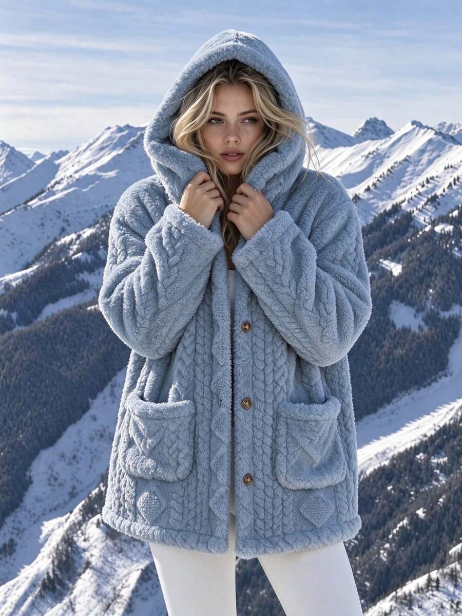 Oversized Hooded Fuzzy Jacket With Pockets - Light Blue - photo 3