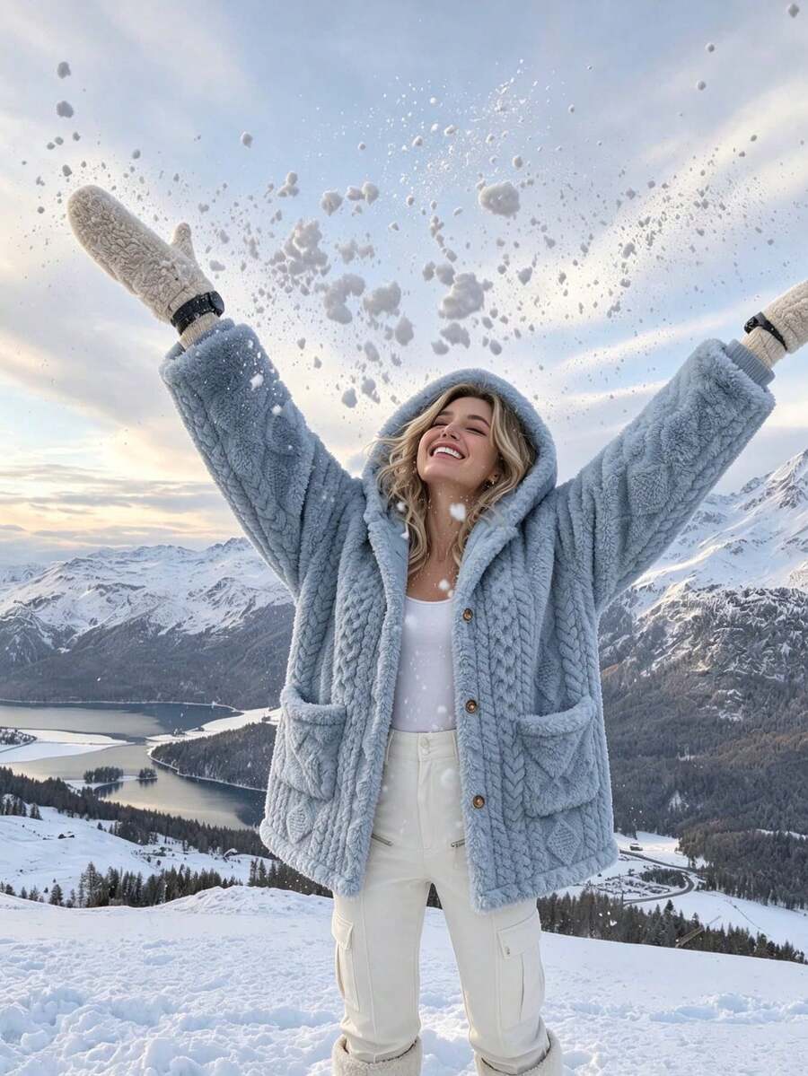 Oversized Hooded Fuzzy Jacket With Pockets - Light Blue - photo 6