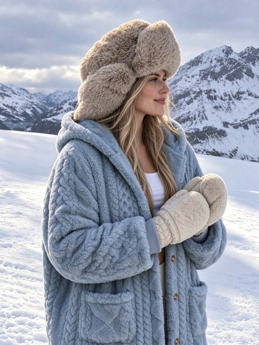 Oversized Hooded Fuzzy Jacket With Pockets - Light Blue - photo 5