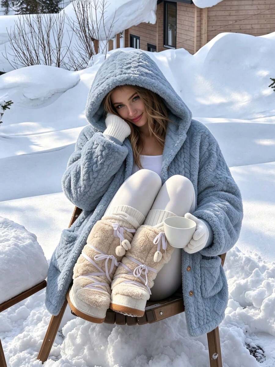Oversized Hooded Fuzzy Jacket With Pockets - Light Blue - photo 2